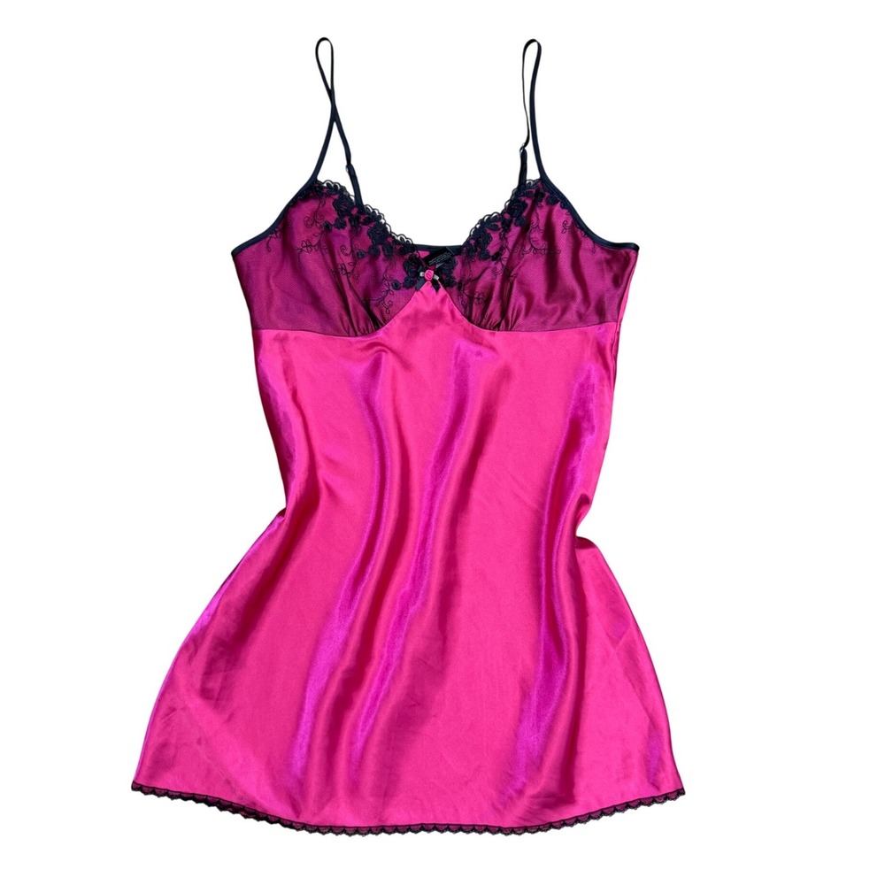 Vtg Fuchsia Pink Satin Slip Dress Black Lace Y2K Chemise Large Sexy‎ silky